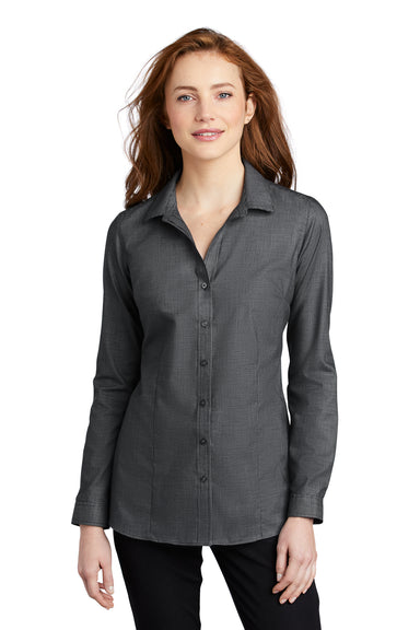 Port Authority Womens Pincheck Long Sleeve Button Down Shirt Black/Steel Grey Front