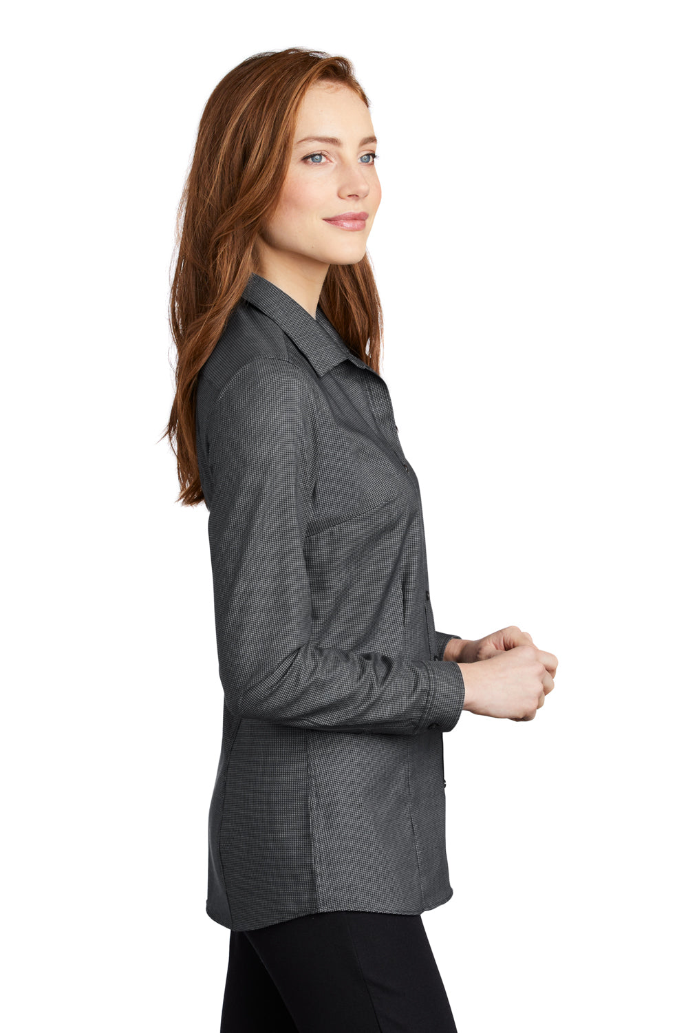 Port Authority Womens Pincheck Long Sleeve Button Down Shirt Black/Steel Grey Side