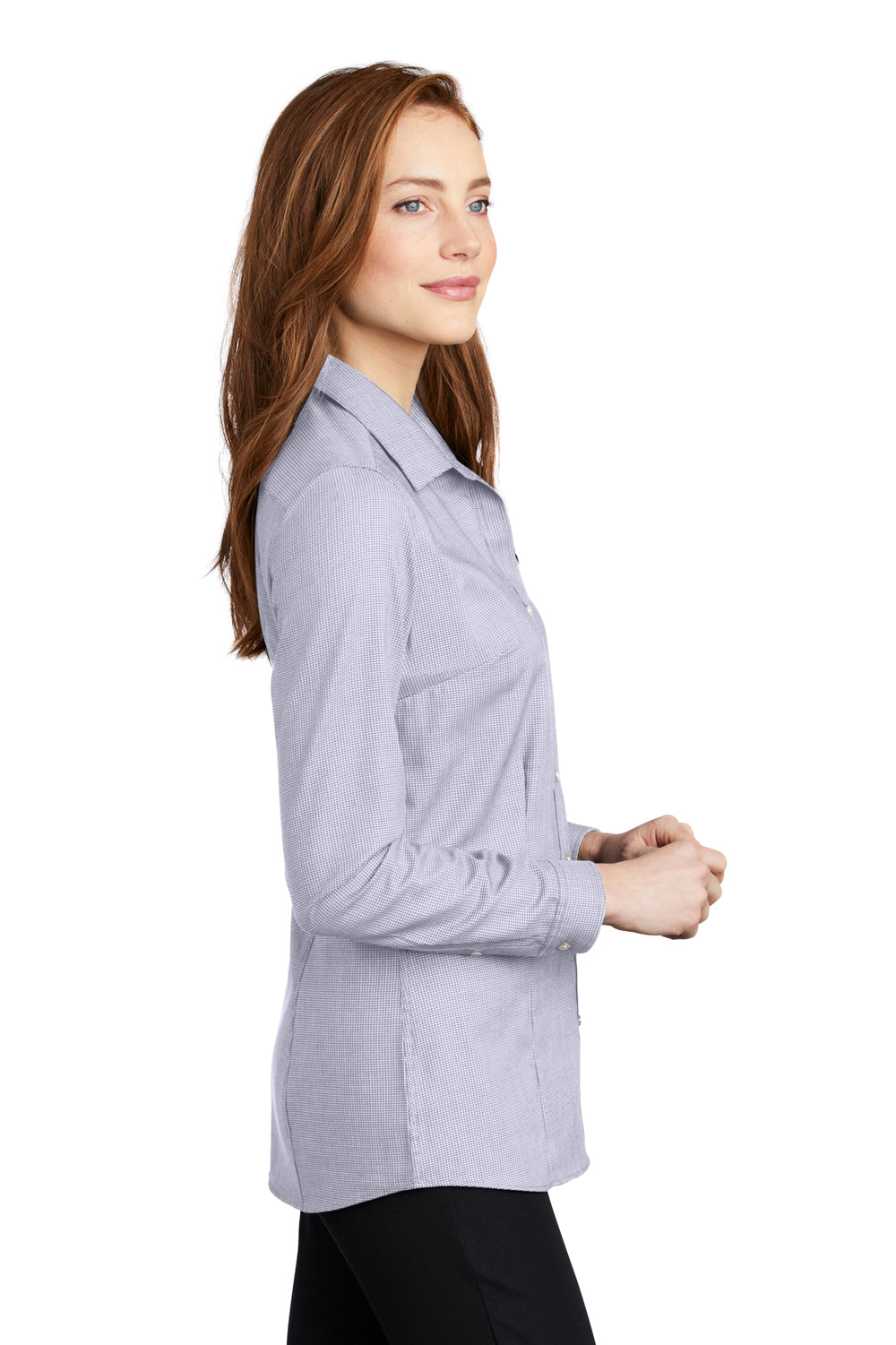 Port Authority Womens Pincheck Long Sleeve Button Down Shirt Gusty Grey/White Side