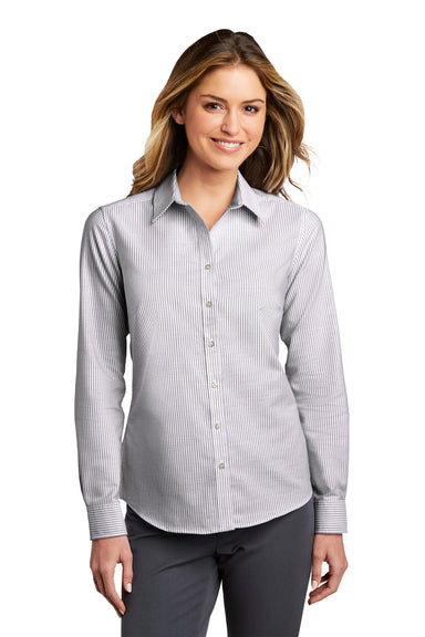Port Authority Womens SuperPro Long Sleeve Button Down Shirt Black/White Front