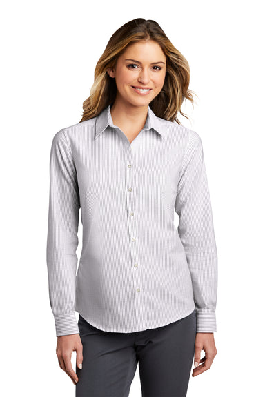 Port Authority Womens SuperPro Long Sleeve Button Down Shirt Gusty Grey/White Front