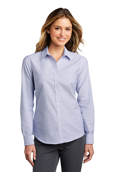 Port Authority Womens SuperPro Long Sleeve Button Down Shirt Oxford Blue/White Front