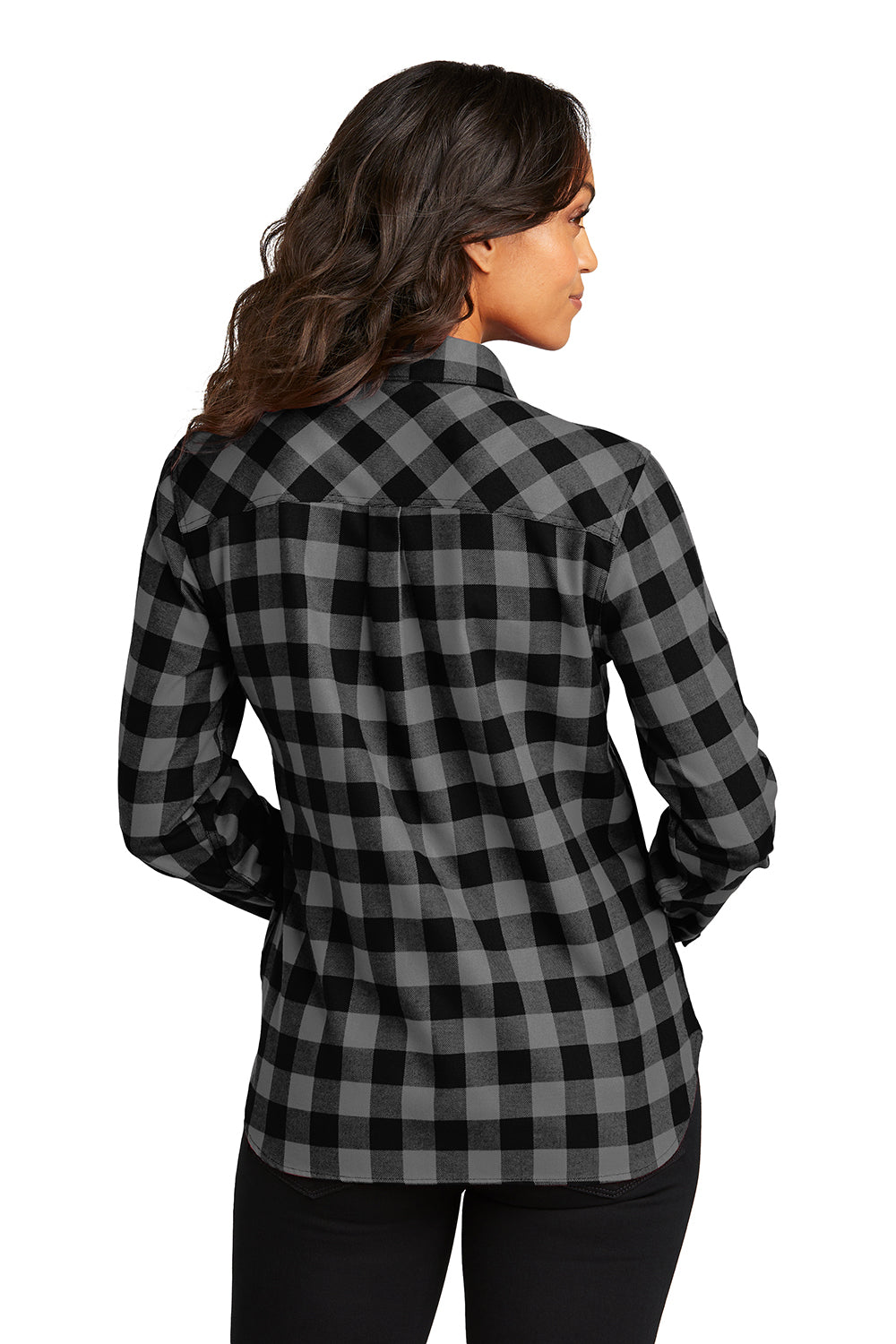 Port Authority LW669 Womens Plaid Flannel Long Sleeve Button Down Shirt Grey/Black Buffalo Back