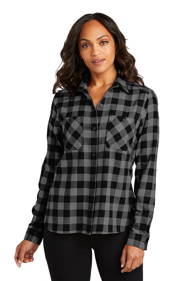 Port Authority LW669 Womens Plaid Flannel Long Sleeve Button Down Shirt Grey/Black Buffalo Front