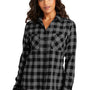 Port Authority Womens Plaid Flannel Long Sleeve Button Down Shirt w/ Double Pockets - Grey/Black Buffalo