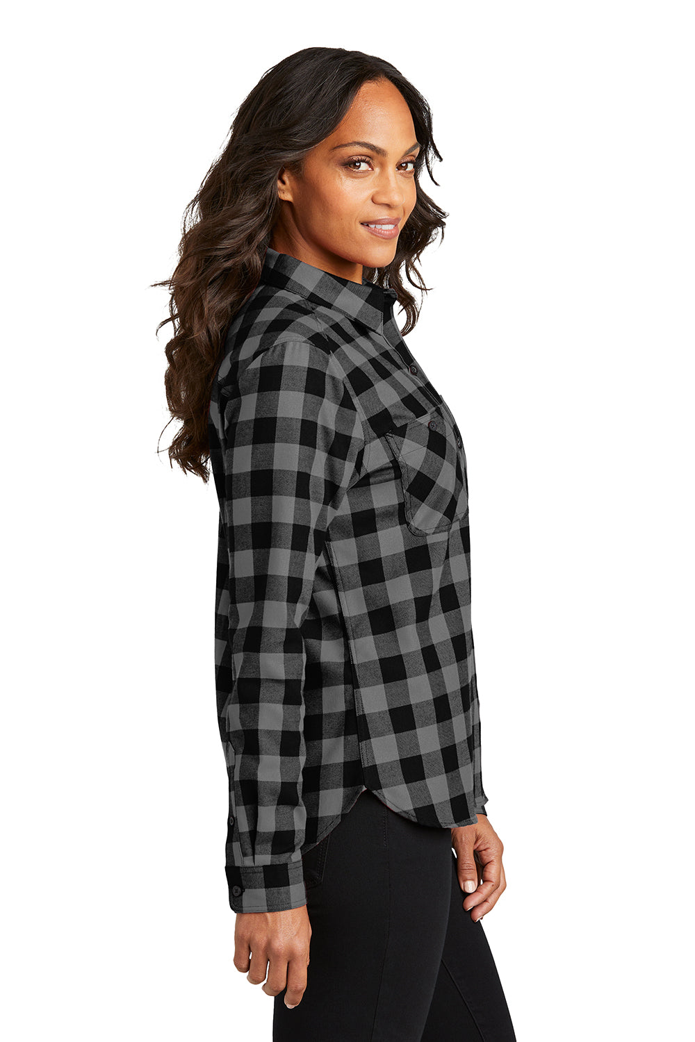 Port Authority LW669 Womens Plaid Flannel Long Sleeve Button Down Shirt Grey/Black Buffalo Side