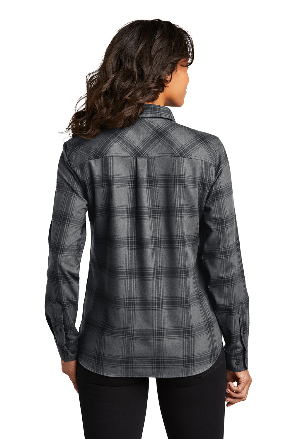 Port Authority LW669 Womens Plaid Flannel Long Sleeve Button Down Shirt Grey/Black Plaid Back