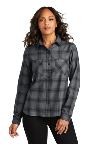 Port Authority LW669 Womens Plaid Flannel Long Sleeve Button Down Shirt Grey/Black Plaid Front