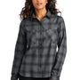Port Authority Womens Plaid Flannel Long Sleeve Button Down Shirt w/ Double Pockets - Grey/Black Plaid