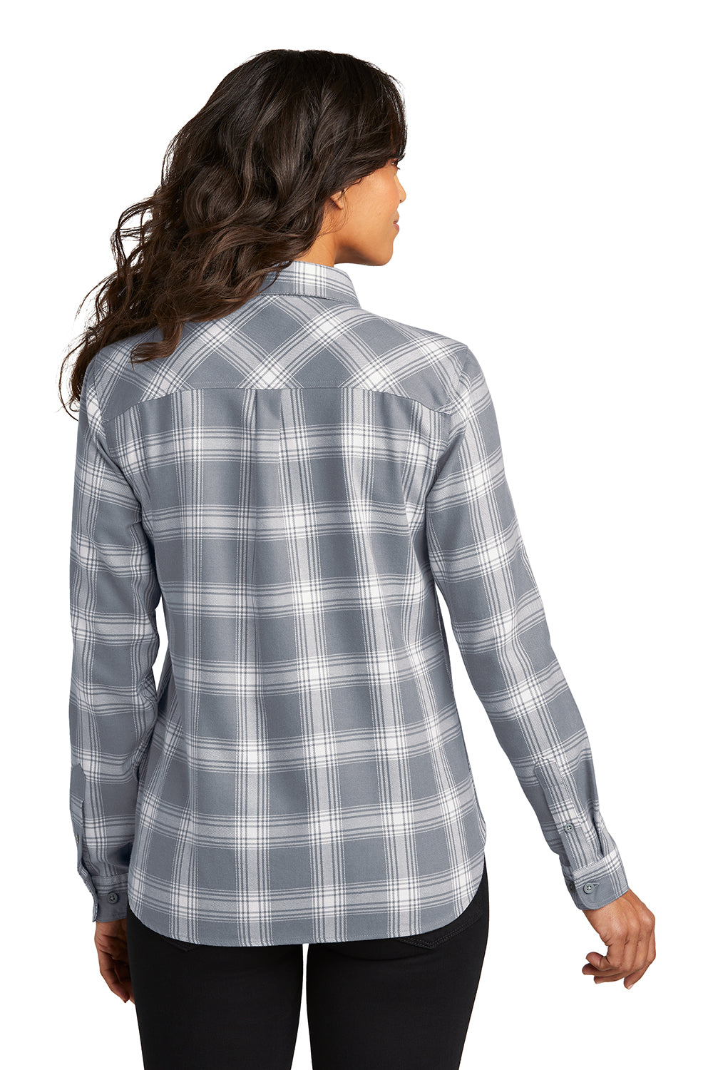 Port Authority LW669 Womens Plaid Flannel Long Sleeve Button Down Shirt Grey/Cream Plaid Back