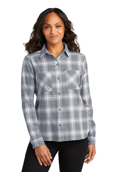 Port Authority LW669 Womens Plaid Flannel Long Sleeve Button Down Shirt Grey/Cream Plaid Front