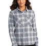 Port Authority Womens Plaid Flannel Long Sleeve Button Down Shirt w/ Double Pockets - Grey/Cream Plaid