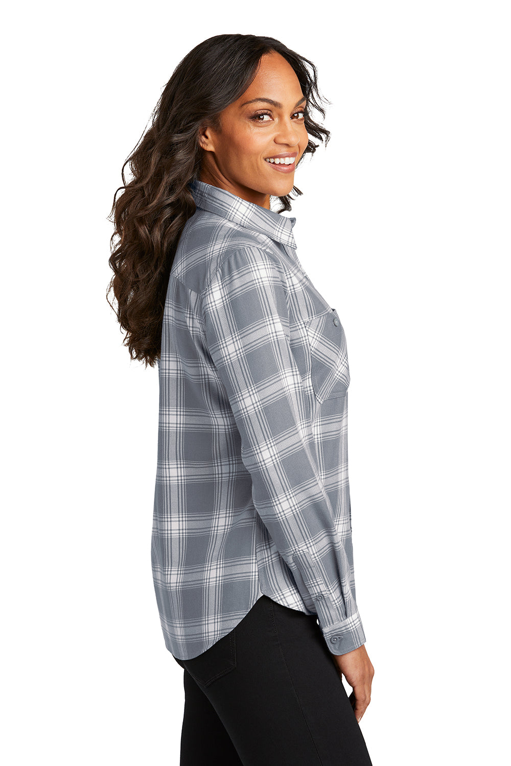 Port Authority LW669 Womens Plaid Flannel Long Sleeve Button Down Shirt Grey/Cream Plaid Side