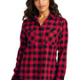 Port Authority Womens Plaid Flannel Long Sleeve Button Down Shirt w/ Double Pockets - Red/Black Buffalo