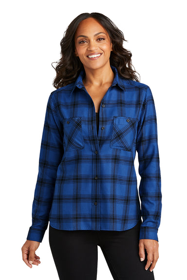 Port Authority LW669 Womens Plaid Flannel Long Sleeve Button Down Shirt Royal/Black Plaid Front