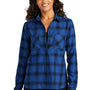 Port Authority Womens Plaid Flannel Long Sleeve Button Down Shirt w/ Double Pockets - Royal Blue/Black Plaid