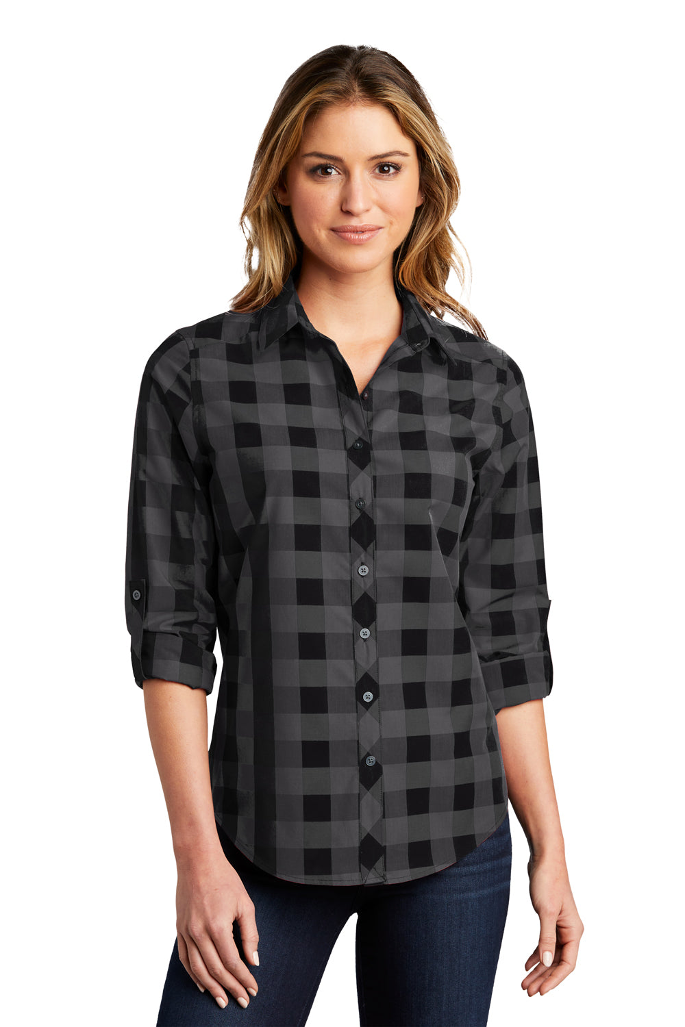 Port Authority Womens Everyday Plaid Long Sleeve Button Down Shirt Black Front