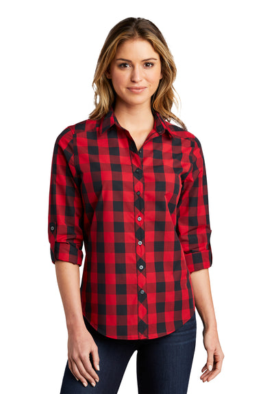 Port Authority Womens Everyday Plaid Long Sleeve Button Down Shirt Rich Red Front