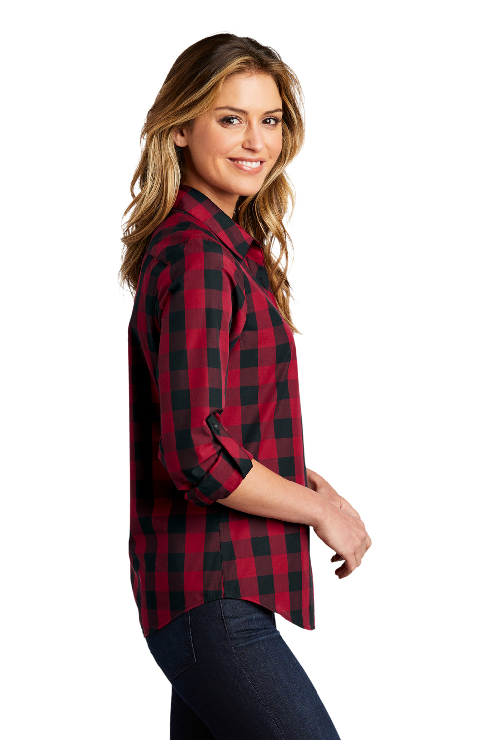 Port Authority Womens Everyday Plaid Long Sleeve Button Down Shirt Rich Red Side