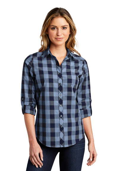 Port Authority Womens Everyday Plaid Long Sleeve Button Down Shirt True Navy Blue Front