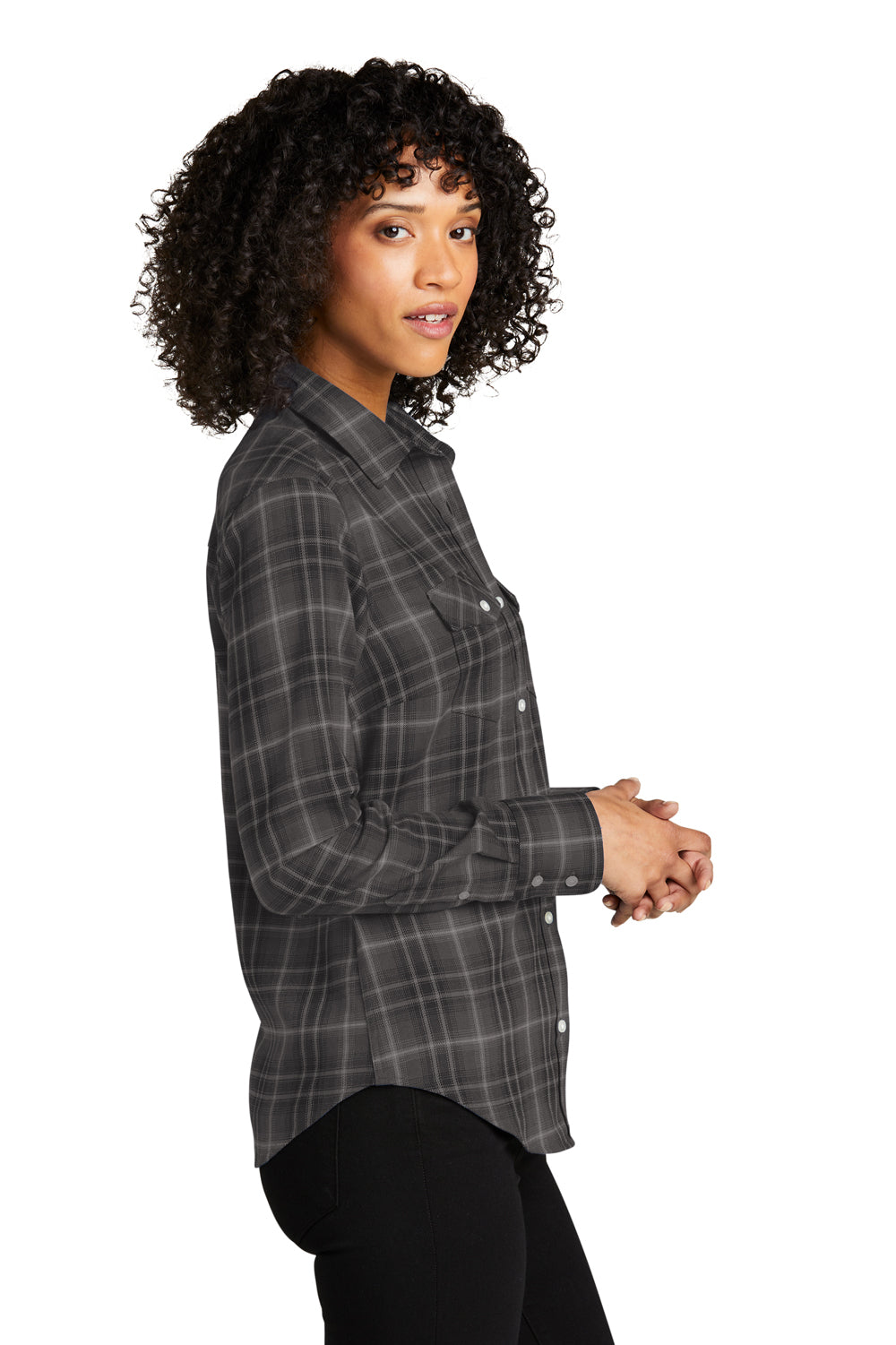 Port Authority LW672 Ombre Plaid Long Sleeve Button Down Shirt Deep Black Side