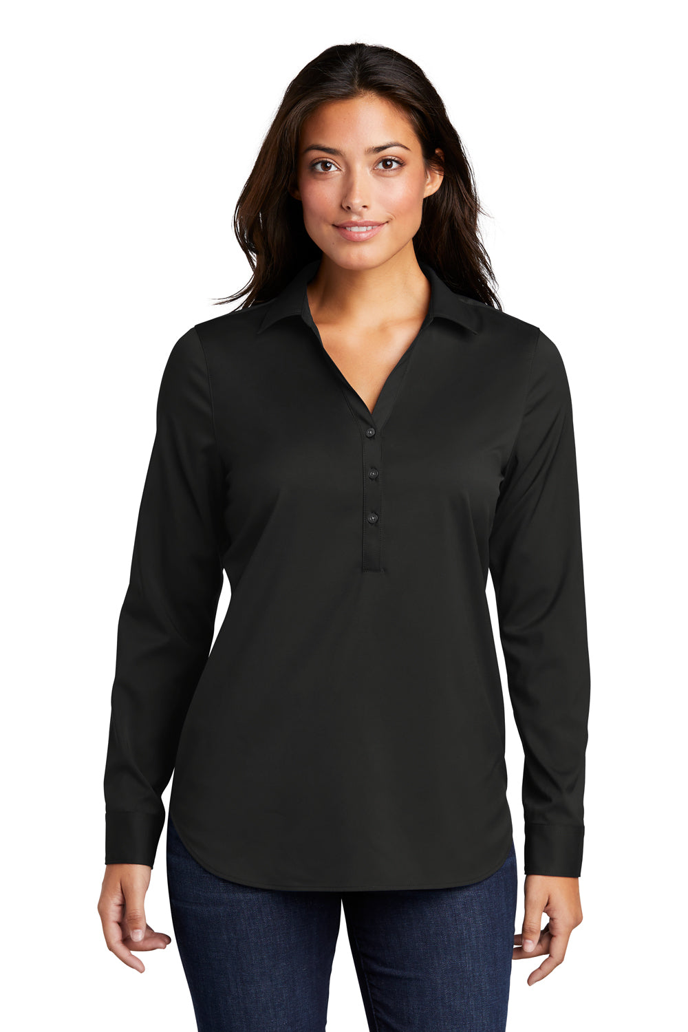 Port Authority Womens City Stretch Long Sleeve Polo Shirt Black Front