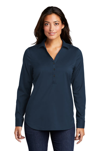 Port Authority Womens City Stretch Long Sleeve Polo Shirt River Navy Blue Front