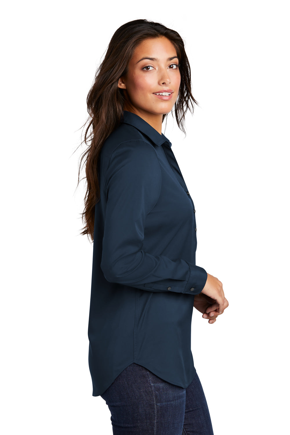 Port Authority Womens City Stretch Long Sleeve Polo Shirt River Navy Blue Side