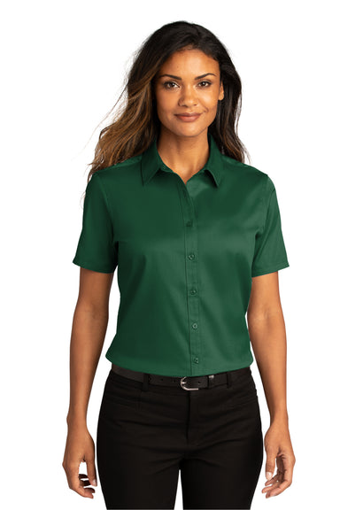 Port Authority Womens SuperPro React Short Sleeve Button Down Shirt Dark Green Front