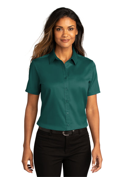 Port Authority Womens SuperPro React Short Sleeve Button Down Shirt Marine Green Front