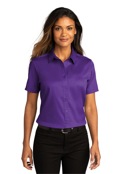 Port Authority Womens SuperPro React Short Sleeve Button Down Shirt Purple Front