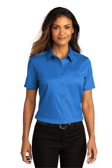 Port Authority Womens SuperPro React Short Sleeve Button Down Shirt Strong Blue Front