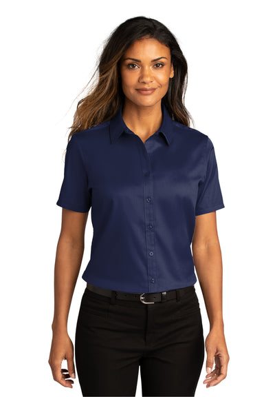 Port Authority Womens SuperPro React Short Sleeve Button Down Shirt True Navy Blue Front