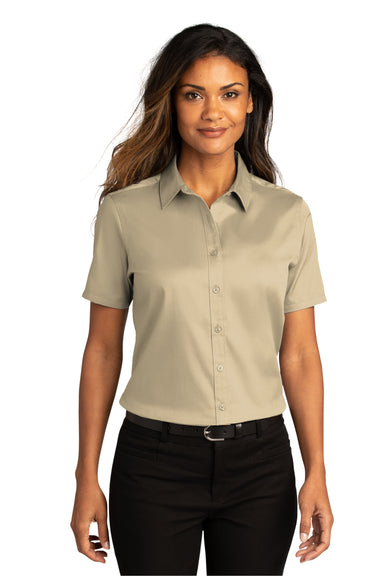 Port Authority Womens SuperPro React Short Sleeve Button Down Shirt Wheat Front