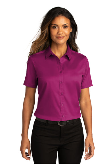 Port Authority Womens SuperPro React Short Sleeve Button Down Shirt Wild Berry Front