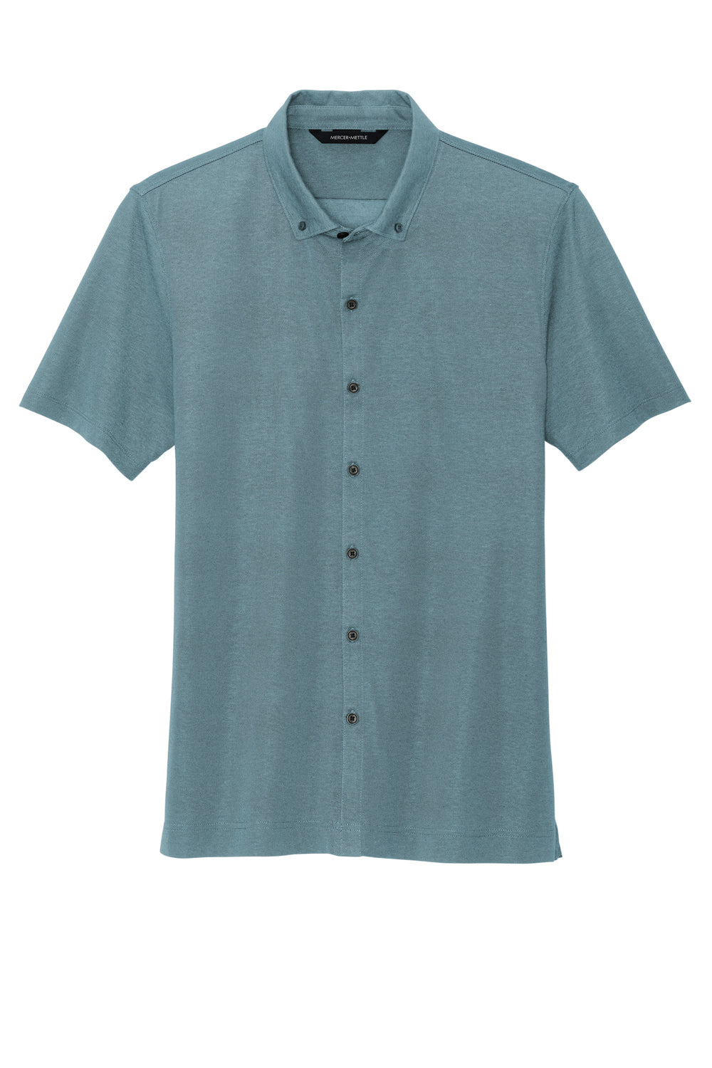 Mercer+Mettle Mens Moisture Wicking Short Sleeve Button Down Shirt Heather Parisian Blue Flat Front
