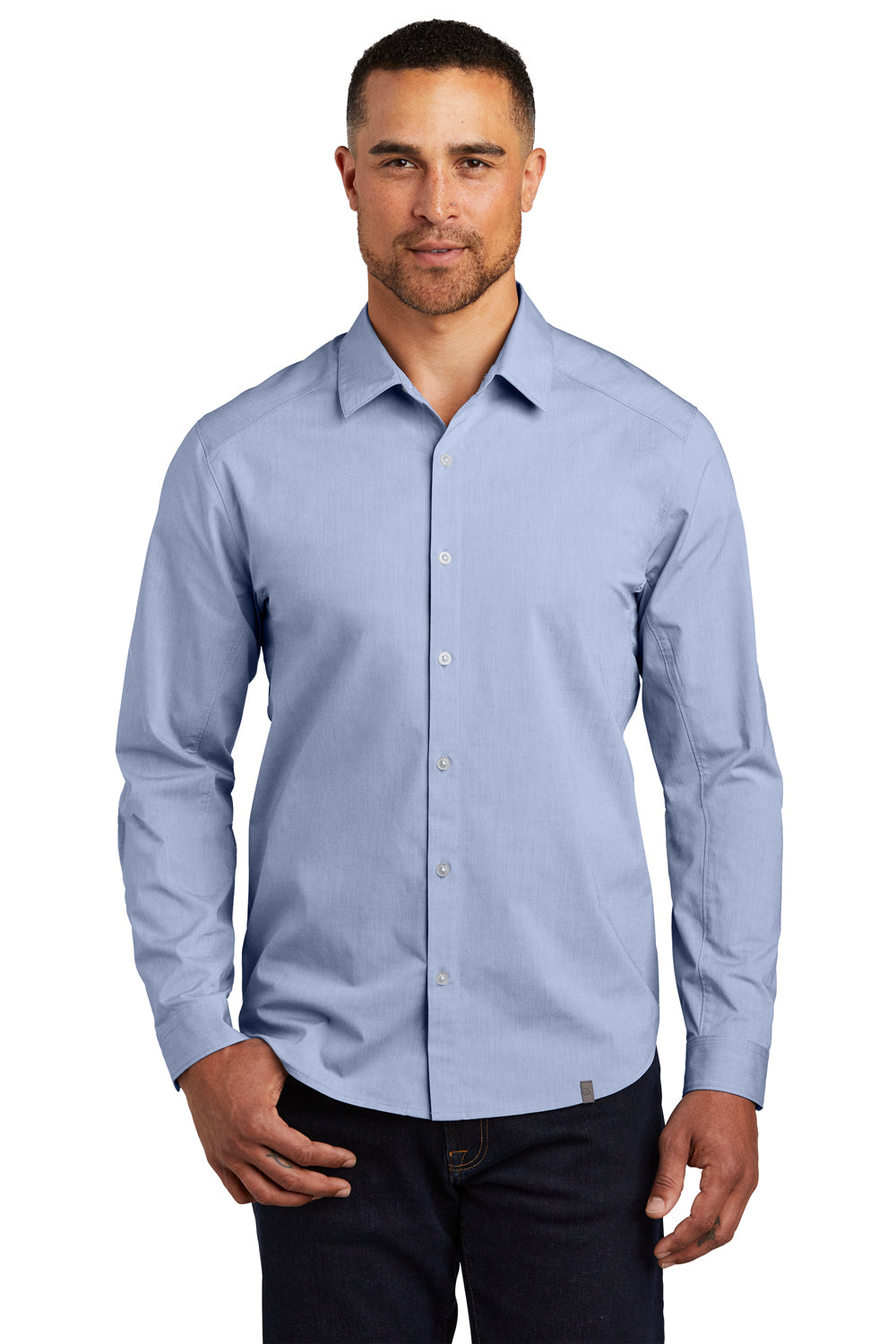 Ogio Mens Commuter Long Sleeve Button Down Shirt Heather Metal Blue Front