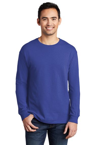 Port & Company Mens Beach Wash Long Sleeve Crewneck T-Shirt Iris Blue Front