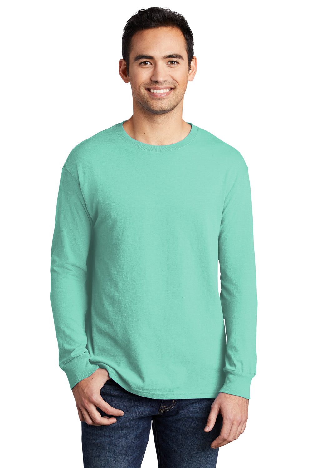 Port & Company Mens Beach Wash Long Sleeve Crewneck T-Shirt Cool Mint Green Front
