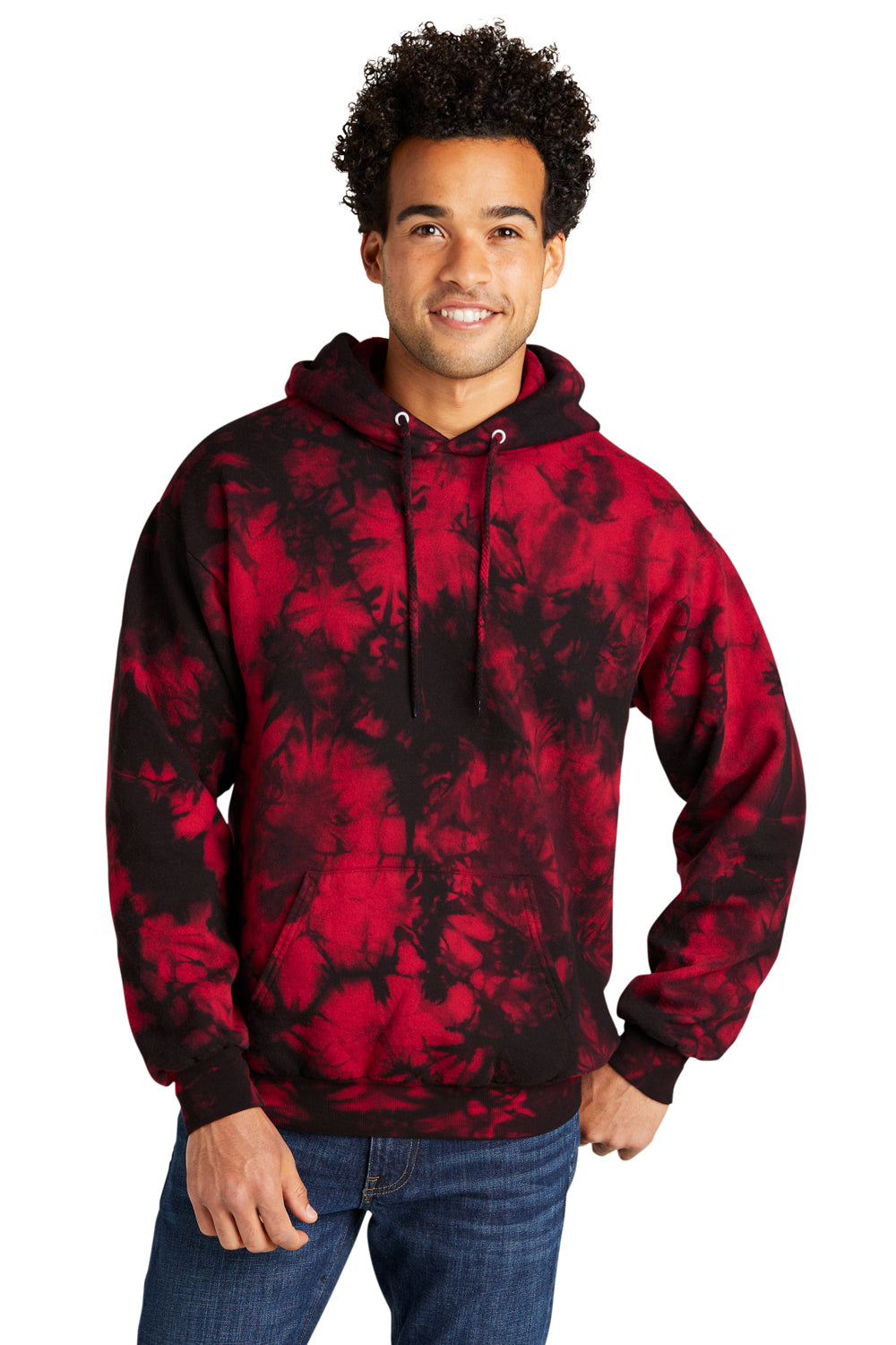 Port & Company PC144 Crystal Tie-Dye Hooded Sweatshirt Hoodie Black/Red Front