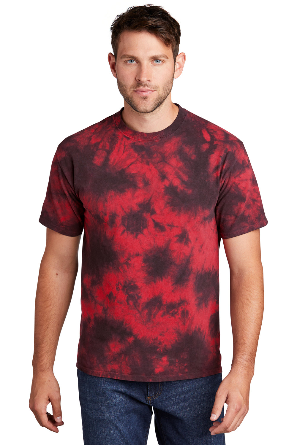 Port & Company Mens Crystal Tie-Dye Short Sleeve Crewneck T-Shirt Black/Red Front