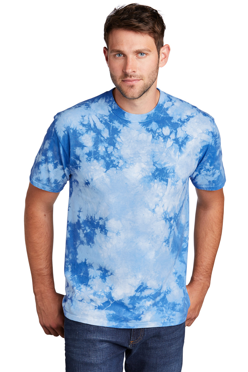 Port & Company Mens Crystal Tie-Dye Short Sleeve Crewneck T-Shirt Sky Blue Front