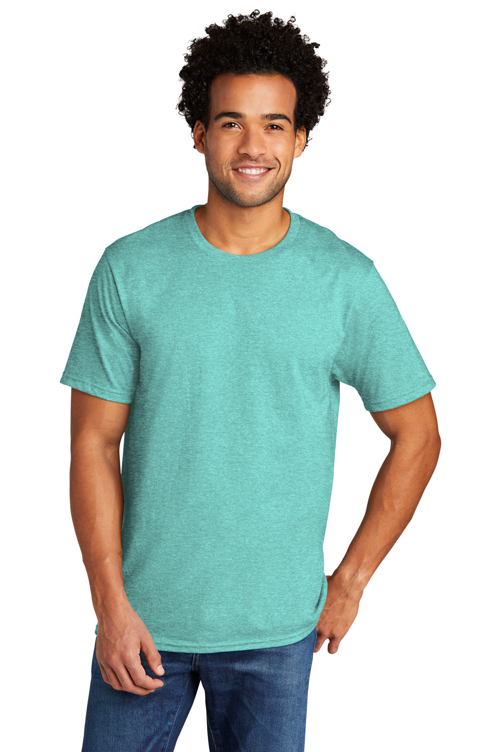 Port & Company Mens Short Sleeve Crewneck T-Shirt Heather Vivid Teal Green Front