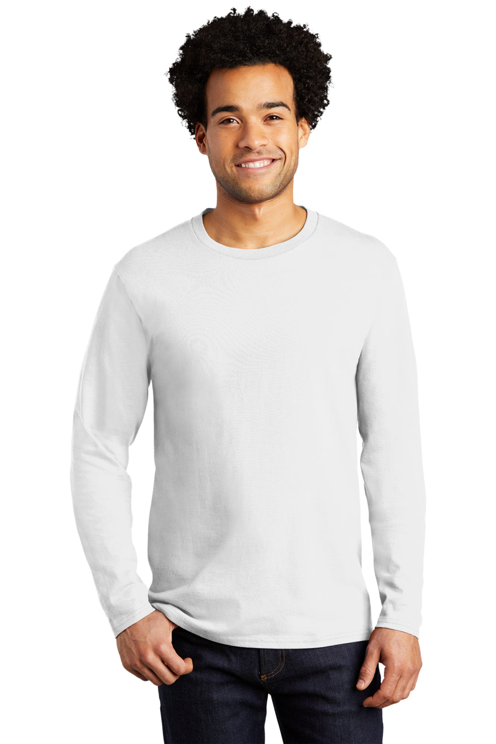 Port & Company Mens Bouncer Long Sleeve Crewneck T-Shirt White Front