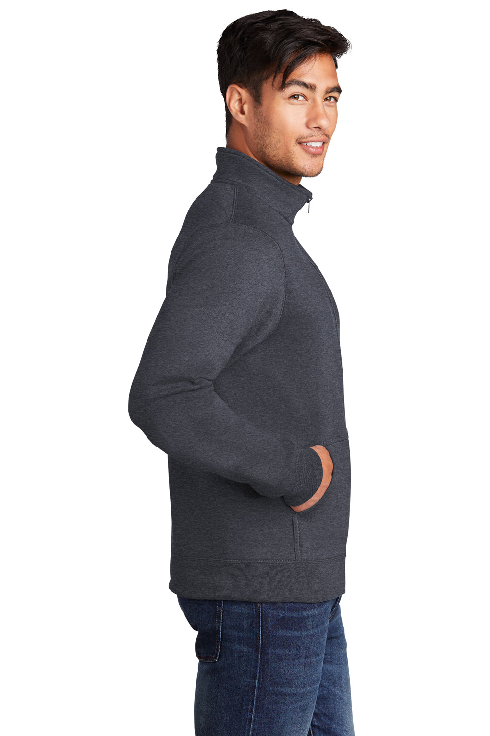 Port & Company Mens Core Fleece Full Zip Sweatshirt Heather Navy Blue Side