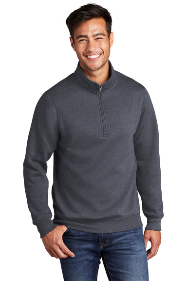 Port & Company Mens Core Fleece 1/4 Zip Sweatshirt Heather Navy Blue Front