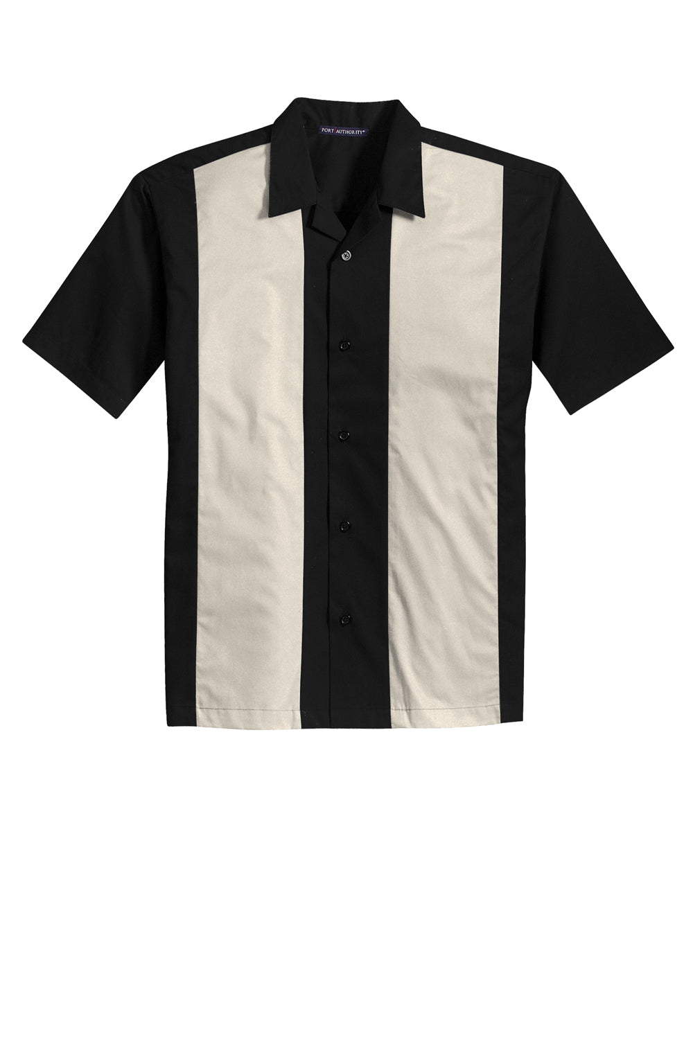 Port Authority S300 Retro Easy Care Wrinkle Resistant Short Sleeve Button Down Camp Shirt Black/Light Stone Flat Front