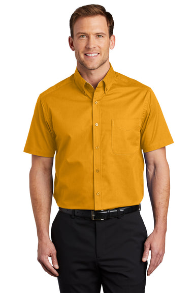 Port Authority S508/TLS508 Mens Easy Care Wrinkle Resistant Short Sleeve Button Down Shirt w/ Pocket Athletic Gold Front