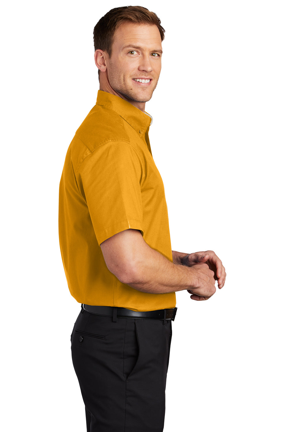 Port Authority S508/TLS508 Mens Easy Care Wrinkle Resistant Short Sleeve Button Down Shirt w/ Pocket Athletic Gold Side