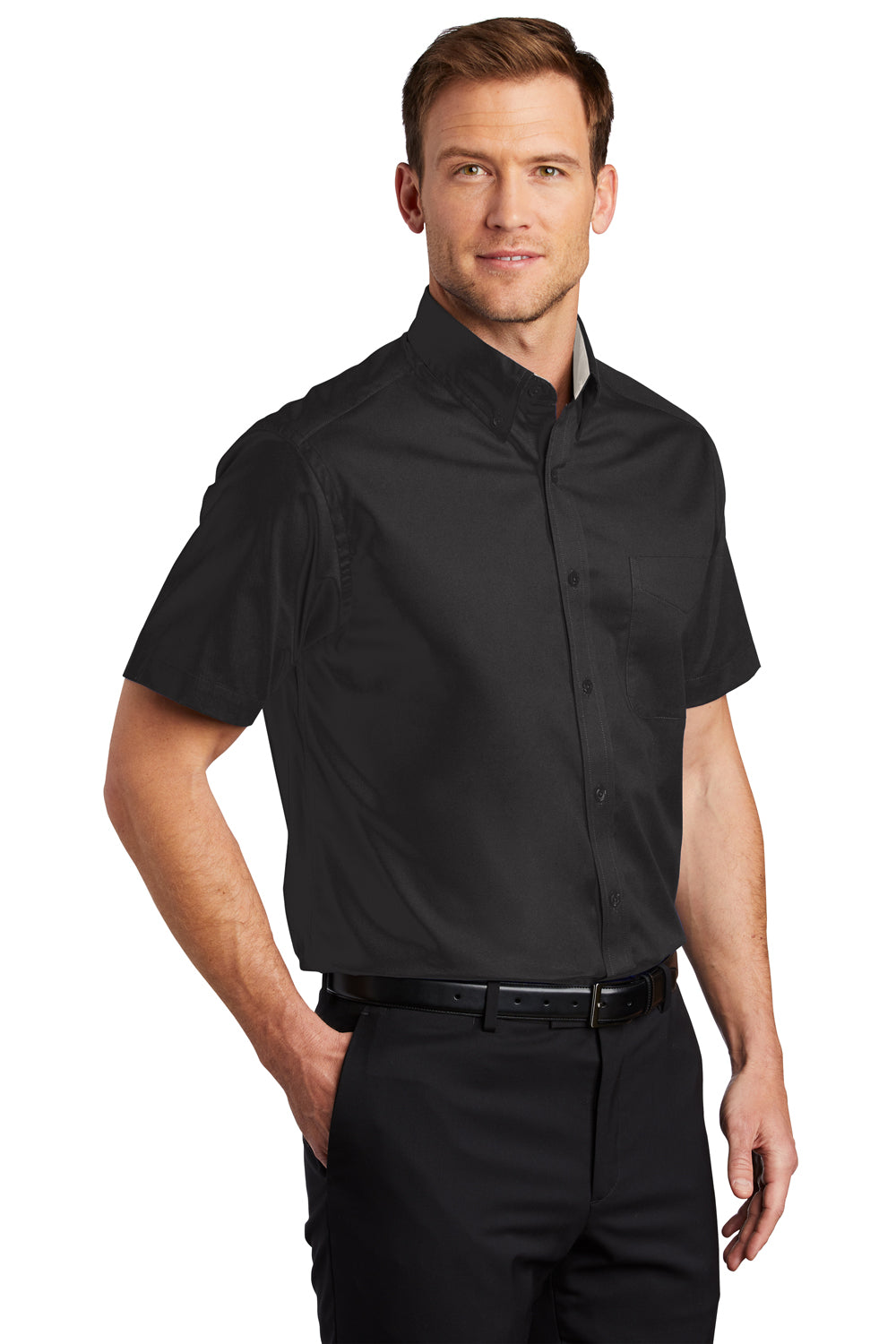 Port Authority S508/TLS508 Mens Easy Care Wrinkle Resistant Short Sleeve Button Down Shirt w/ Pocket Black 3Q